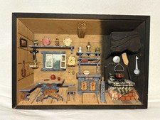 Vintage Alpine Wooden Kitchen Diorama Shadow Box Hand Painted 3D Folk Art 12
