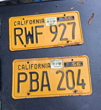 1956 California License Plates Lot of 2 Yellow/Black RWF 927 & PBA 204 picture