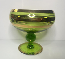 Green w/ Gold Stripes Footed Compote ~ Depression Glass Bowl ~ 5.75