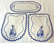 3 VTG Hand Crafted Blue & White Sailing Scotty Dog Table Scarfs Kitschy Nursery picture