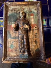 antique santos hand carved woodSaint Francis of Paola relief on painting picture