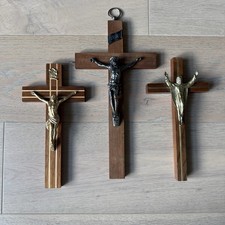 3 Vtg Wooden Christian Crosses Last Rite Funeral Casket Cross INRI- Pewter Jesus picture