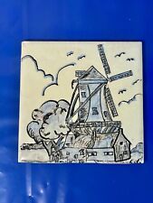 VTG Blue & White Windmill Scenery Ceramic Tile, 4-3/8