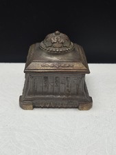 Vintage Metal Miniature Historical Museum Inkwell Amber Glass Cup picture