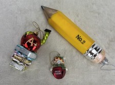 Vtg Christmas Glass Ornaments No.2 Pencil Apple & Bell Lot Of 3 Teacher picture