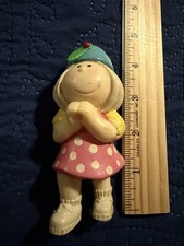 Vintage Hand Painted Girl Figurine 4 in Pink Polka Dot Dress Blue Hat Plastic picture