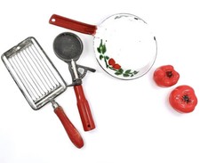 Vtg Red Handle Kitchen Ware Enamel Wood Retro Farmhouse Antq Scoop Cherries Lot picture
