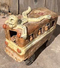 Vintage Mexican Folk Art Pottery Day of the Dead Skeleton Devil Bus picture