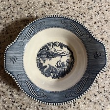 Royal Currier & Ives Lugged Bowl Blue White A Suburban Retreat-Excellent  picture