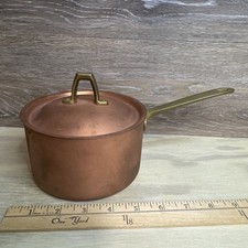 1801 PAUL REVERE 5” Wide 3” Tall 1 QUART SAUCE POT W/LID COPPER W/BRASS HANDLES picture