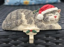 Sleeping Cat Christmas Figurine w/ Santa Hat, Resin, Gray Red White Green picture