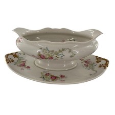 Vtg Theo Haviland Limoges Gold Rose Gravy Boat Underplate Discontinued Victorian picture