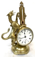 Stunning Antique Brass Griffin Novelty Desk Thermometer And Alarm Clock picture