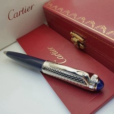 Cartier Guilloche Iced Blue Lacquer Ballpoint Pen Silver Trim Luxury Gift Box picture