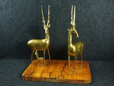 MCM Solid Brass  Antelope Nursing Fawn Figurines Vintage picture