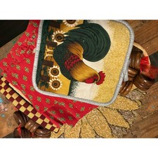 Farmhouse Kitchen Linens Set Rooster Pot Holder Red Towels Wooden Napkin Rings picture