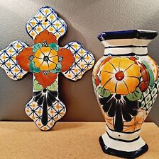Ceramic Vase And Cross Pair Handpainted Mexican Art Garay Artist picture