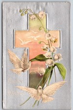 Antique Embossed Easter Postcard Doves Cross Lily of the Valley 1910s picture