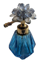Vintage Irice Blue Faceted Glass Perfume Bottle Atomizer Ornate Flower Topper picture