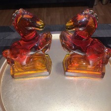 L.E. Smith Amberina Glass Horse Bookends Pair | EUC MCM Art Glass | UV Reactive picture