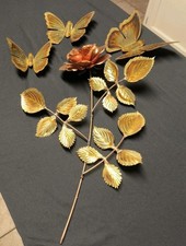 Vtg Home Interior Brass Tone Metal Double Winged 3 Butterflies & Rose Petal Stem picture