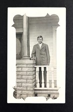 1913 Young Teen Boy Porch Suit Spectacles Antique RPPC Real Photo Postcard picture