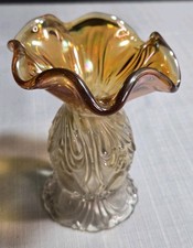 Imperial Marigold Carnival Glass Vase Ruffled Top Iridescent Circa 1910  picture