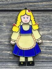 Vintage Refrigerator Magnet Swiss Miss Girl Plastic Blue Dress Blonde Hair 3.5” picture