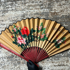 Vintage Chinese Wall Fan Large Hand Painted Peony Floral Folding Chinoiserie picture