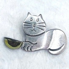 Vtg Taxco Mexico Sterling Silver Brass Brooch Cat Kitten Feline Figural 6g 1.5' picture