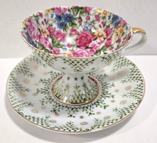 Vtg ROYAL CHINTZ Teacup & Saucer Set Green Floral Gold Accent Pedestal 1931 picture