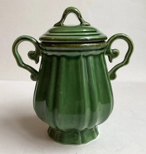Vtg Baum Brothers Style Eyes Green Ceramic 8” Canister Lid Footed Handles Urn picture