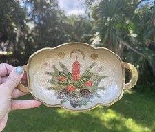 Vintage Holiday Christmas Solid Brass & Enamel Serving Tray Holly Berries picture