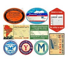 9 STEAMER TRUNK LUGGAGE STICKERS & Baggage Tags, 1 Sheet, Travel REPRODUCTIONS picture