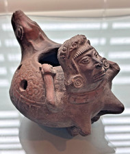 Rare Vintage Aztec Mayan Mexican Dual Headed Handmade Pottery Clay Figure Vessel picture