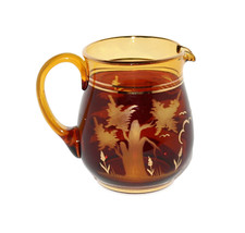 VTG Intaglio Etched Amber Glass Pitcher Forest Deer Stag Gold Trim 5 3/8