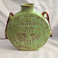 Frankoma Pottery Green Ceramic Flask Canteen w/ Leather Strap, Thunderbird picture