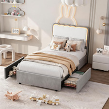 Twin XL LED Bed Frame with 2 Storage Drawers & Wave Headboard, Gray picture