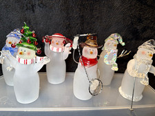 Vintage Set of 6 Frosted Glass-Crystal Snowman Figurines w/ Metal Wire Arms 5” picture
