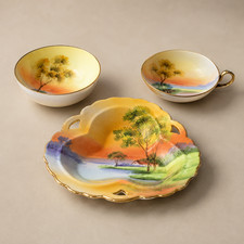 Vintage Nippon Scenic Plate Bowl Cup Set Hand Painted Gold Trim Lot of 3 picture