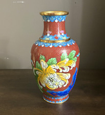 Cloisonne Enamel Metal Bottle Vase, Hand Painted Red Floral, Gold Trim picture