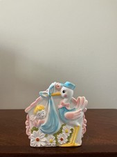 vintage ceramic stork and baby nursery planter, often produced in mid-century  picture
