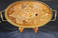 Vintage Italian Sorrento Oval Inlaid Wood Tray Ornate Brass Gallery Rim Handles picture