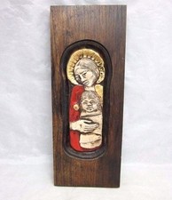 Mid Century wood, ceramic tile plaque. Madonna & Child picture