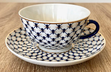 Hand Painted Porcelain Geometric Cup & Saucer Set Blue/White/Gold 2pc picture