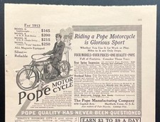 1913 Pope Motorcycle print AD “Riding a Pope Motorcycle is Glorious Sport