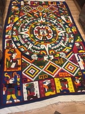 Vintage Mexican Zapotec Rug 73x123 Hand Woven Aztec Calendar Wool Tapestry Art picture