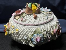 Vintage Reticulated Porcelain Floral Lidded Cachepot Made in Romania picture