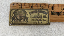 RARE Vintage Swedish American Telephone Co Chicago BRASS Name Plate Tag Phone picture