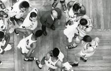 Overhead view head coach Red Auerbach of Boston Celtics talks play- Old Photo picture